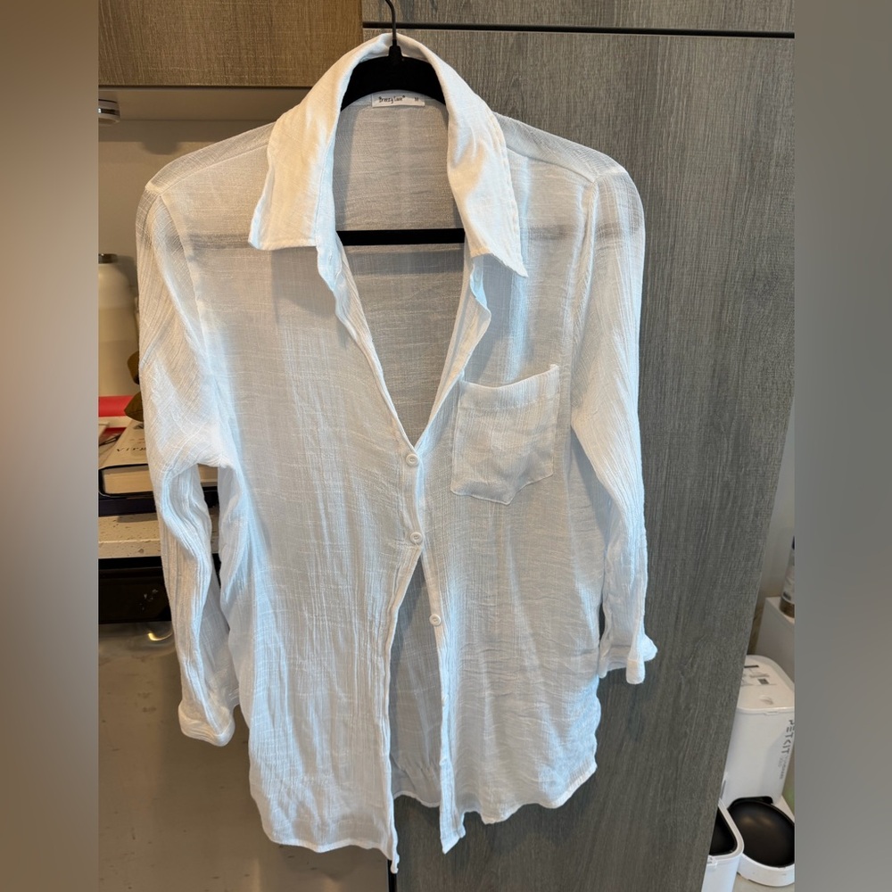 Classic White Semi-Sheer Button-Front Blouse with Chest Pocket
